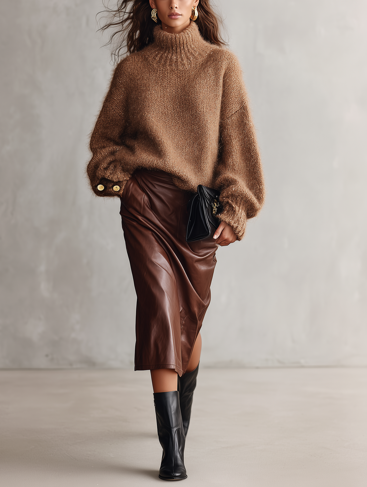 Women's Mohair Turtleneck Sweater — Camel Long Sleeve 6