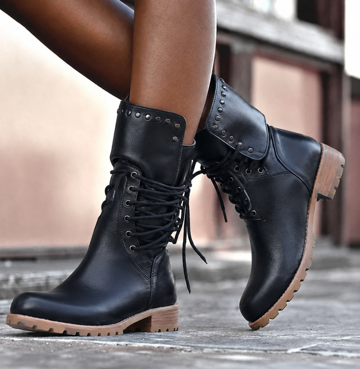 Mid-Calf Lace-Up Leather Boots — Studded Fold-Over Cuff 3