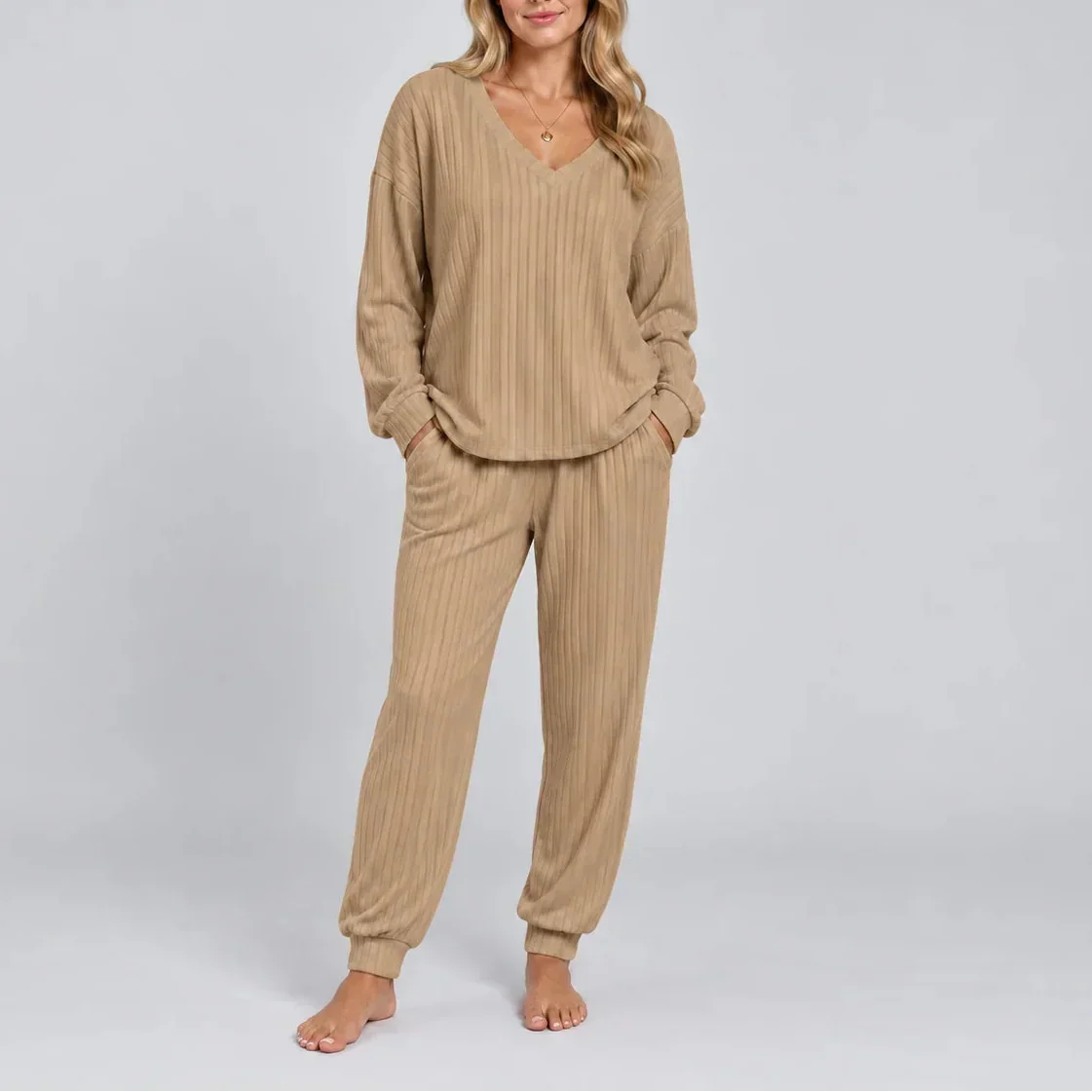 V-Neck Ribbed Lounge Set — Women's Two-Piece Matching Set 10