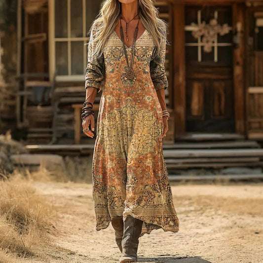 Classic Long Sleeve Vintage Dress — Floral V-Neck for Women 2