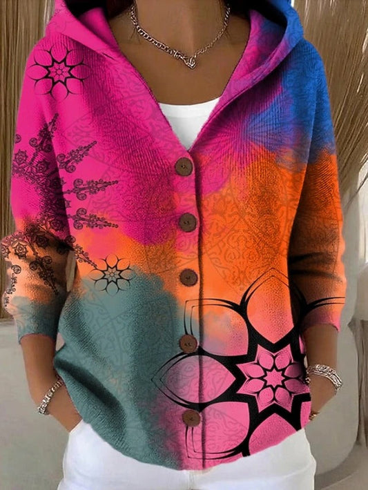 Warm Long Hooded Cardigan for Women — Artistic Knit Print 2