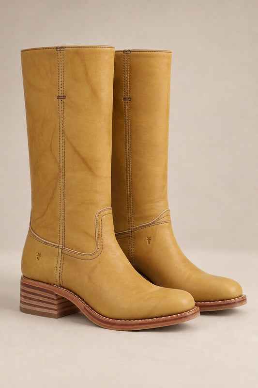 Carol Mid Calf Western Boots with Block Heel & Stitch Detail