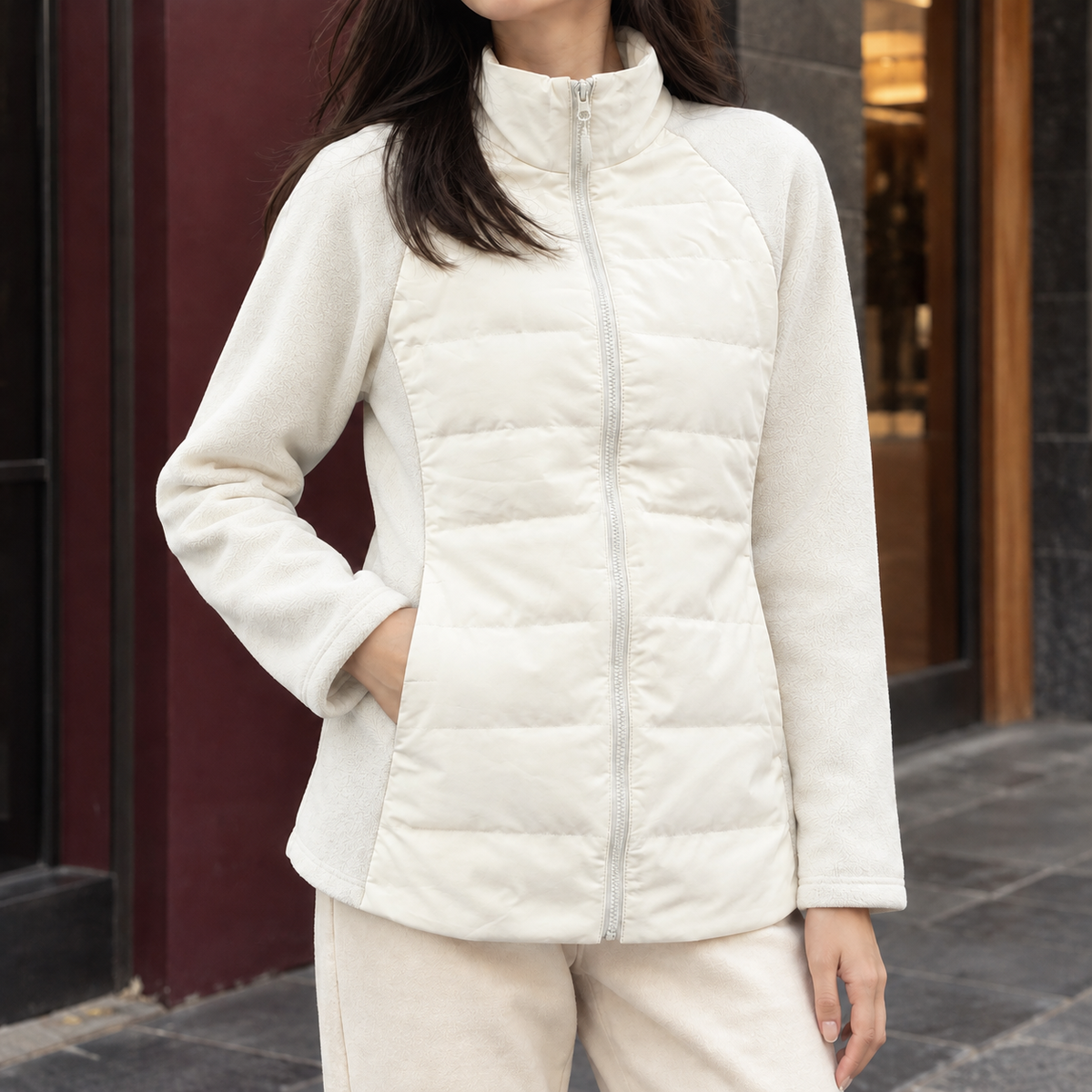 Women's Quilted Panel Jacket — Stand Collar Full Zip 5