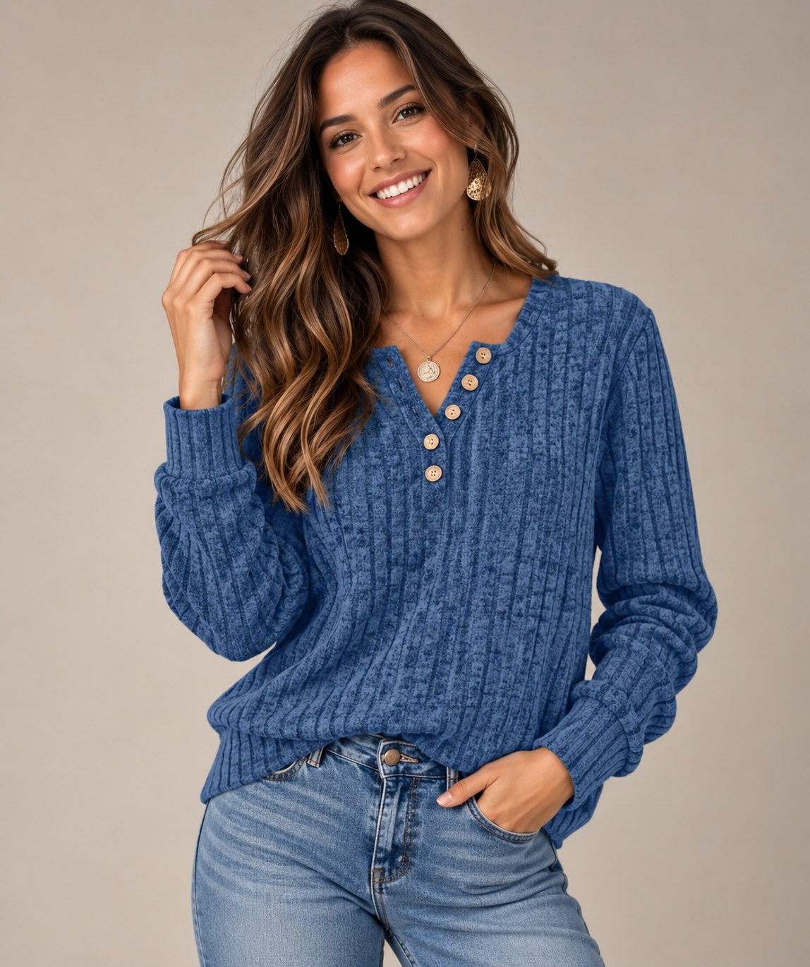 Lila Ribbed Button-Front Top – Soft Stretch Jersey for Women
