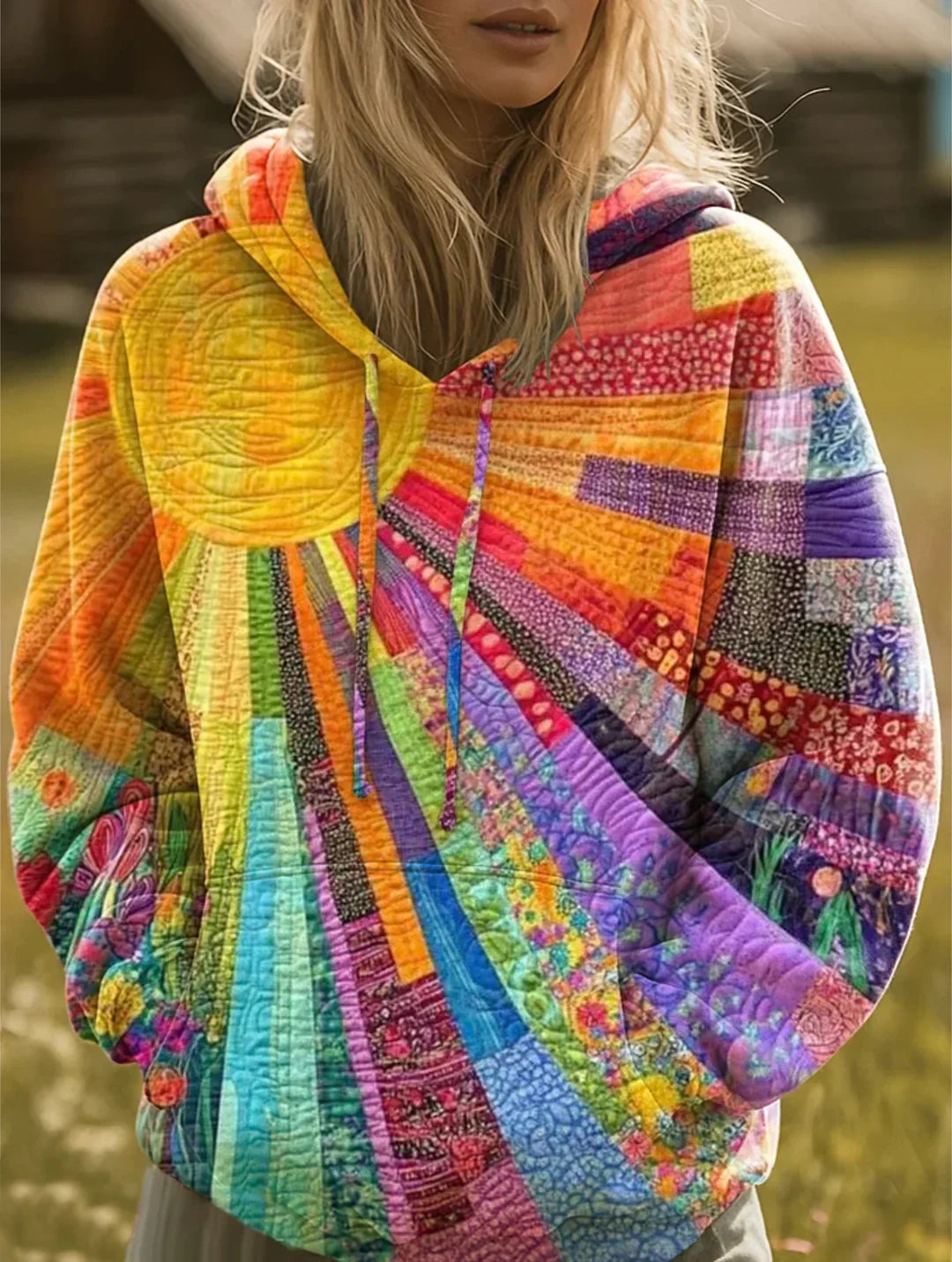 Vibrant Patchwork Bohemian Hoodie — Sun Pattern Boho Style 1