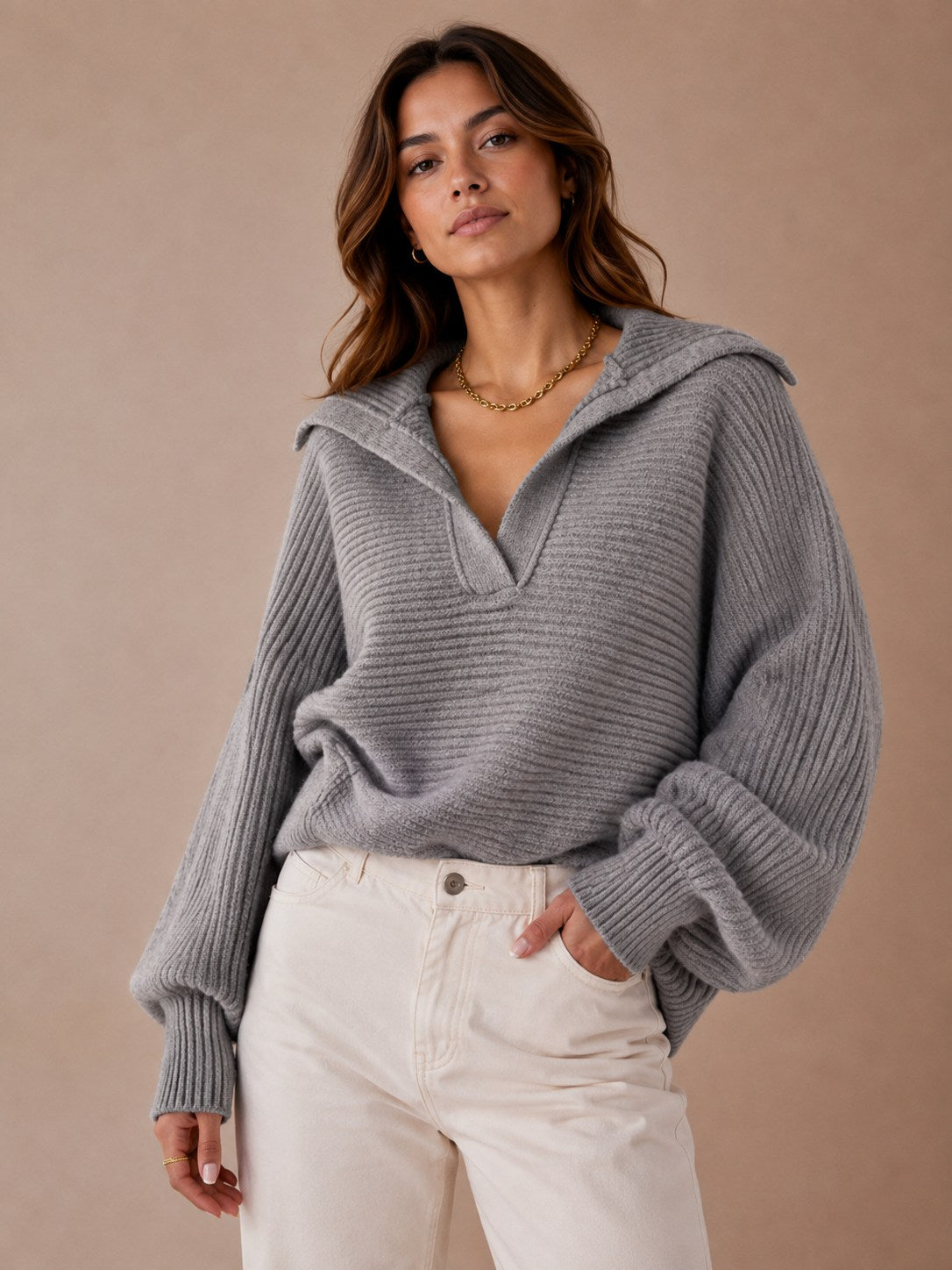 Ribbed Knit Sweater with Oversized Foldover Collar & Split Neckline