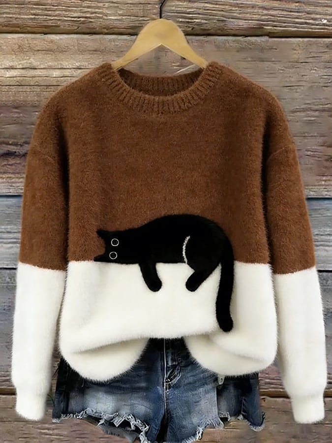 Women's Cat Motif Sweater — Round Neck Long Sleeve Ribbed 11