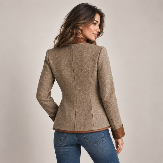 Women's Herringbone Tweed Blazer with Contrast Details & Stand Collar