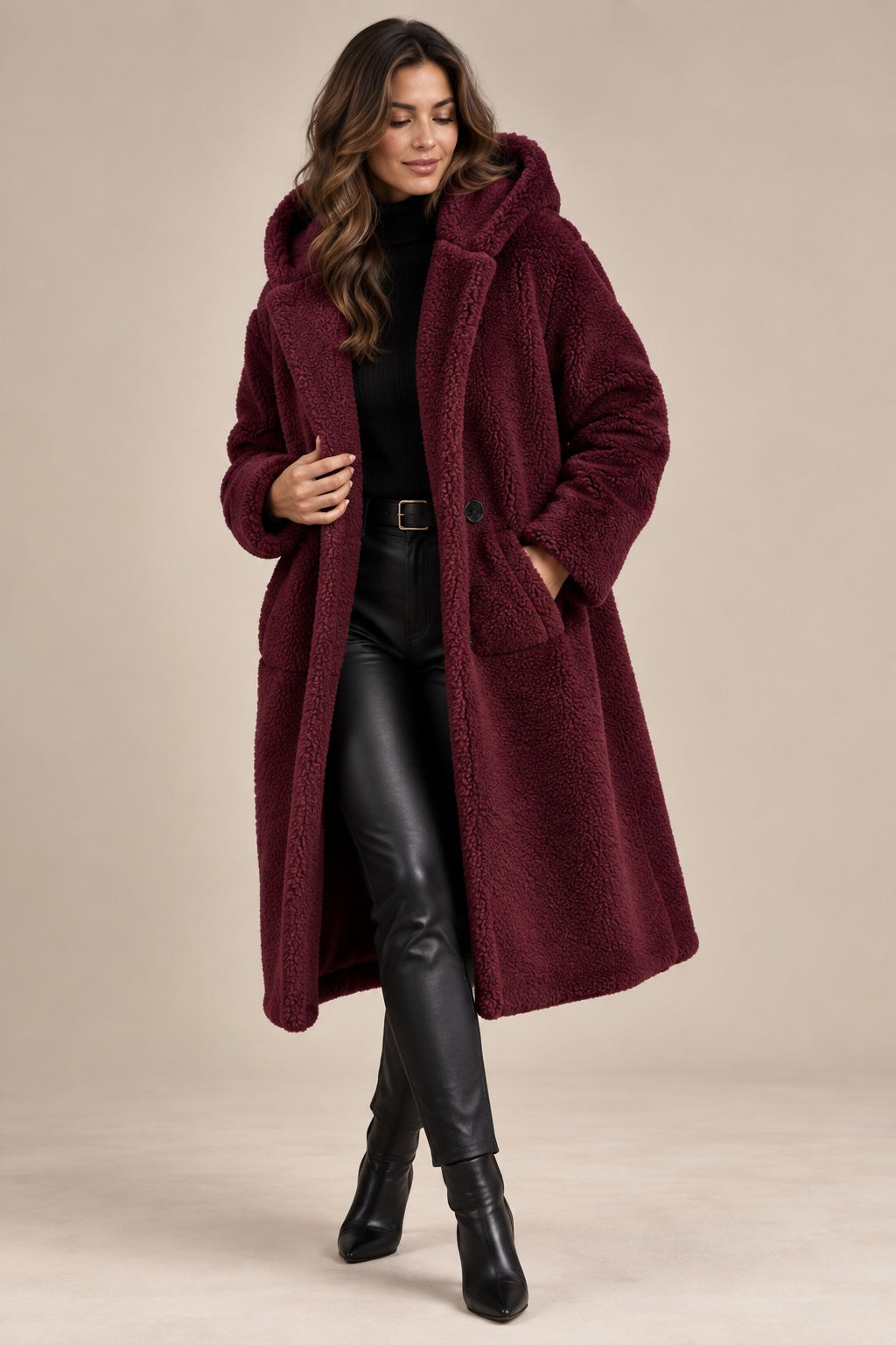 Women's Teddy Wool Coat Long with Hood — Elegant Warm Winter Coat