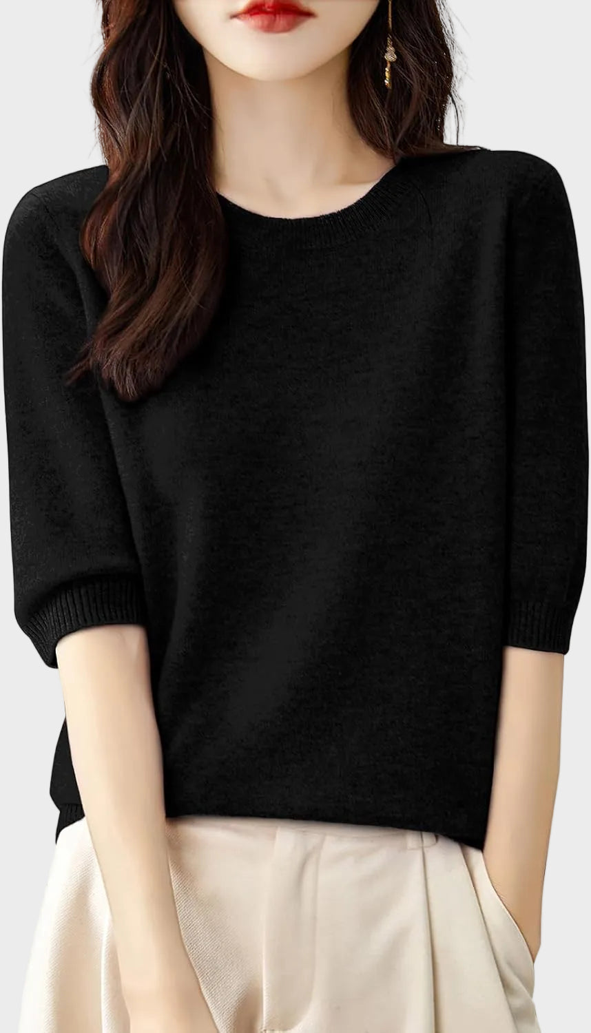 Merino Wool Crewneck Half Sleeve Sweater — Cashmere Soft 18