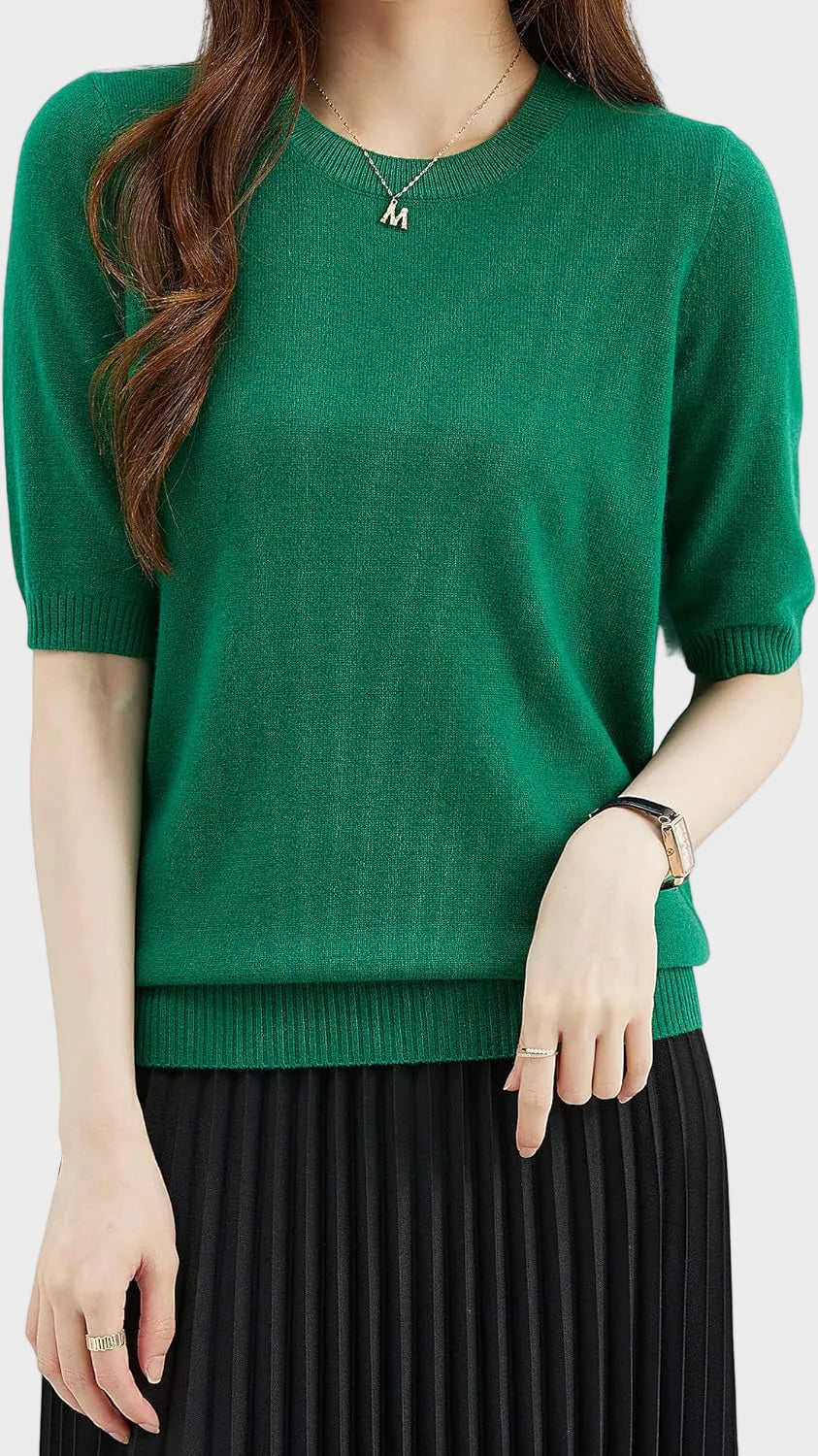 Merino Wool Crewneck Half Sleeve Sweater — Cashmere Soft 20