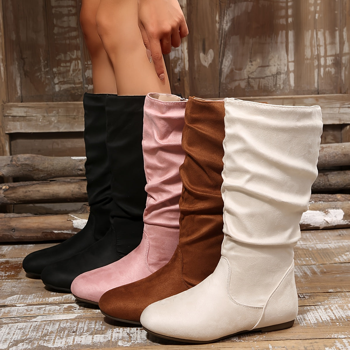 Slouched Mid-Calf Boots — Low Heel Side Zipper Women 11