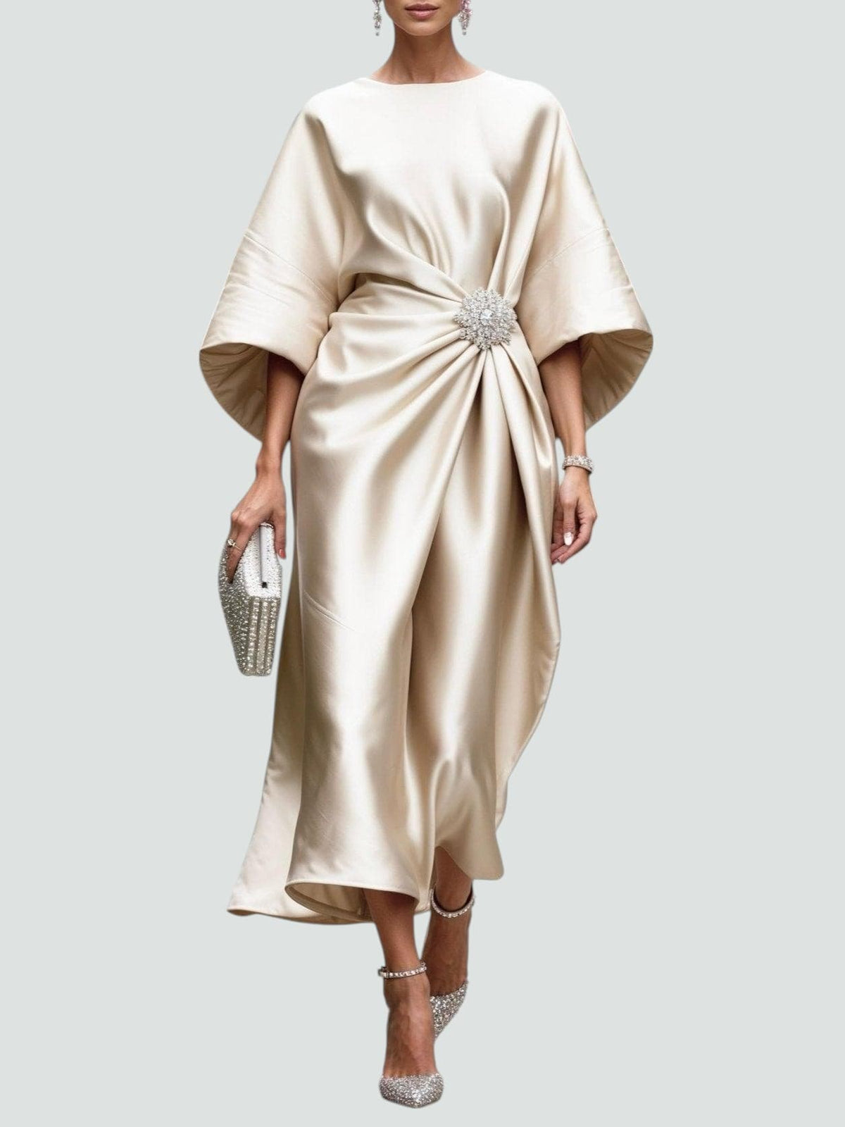 Draped Brooch Maxi Dress – Cape Sleeve Formal Evening Gown 6