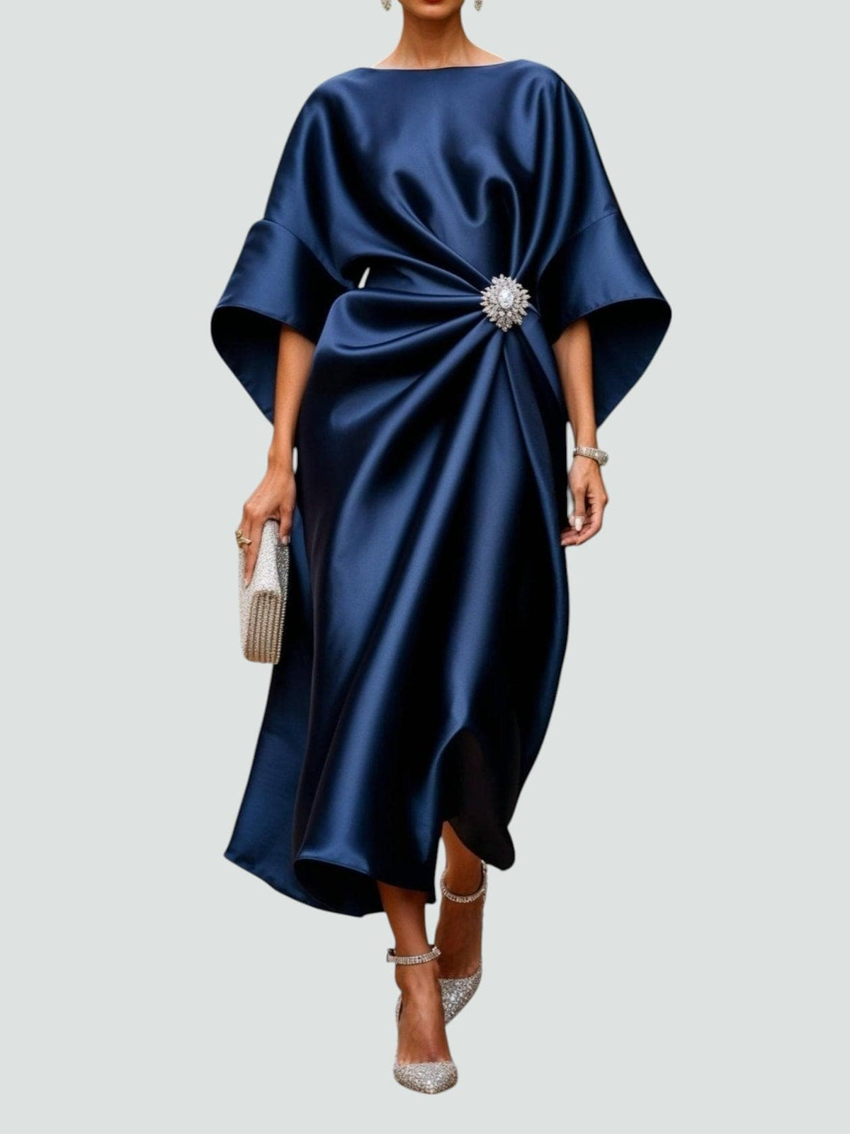 Draped Brooch Maxi Dress – Cape Sleeve Formal Evening Gown 1