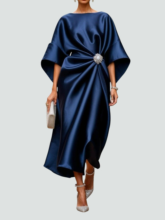 Draped Brooch Maxi Dress – Cape Sleeve Formal Evening Gown 1
