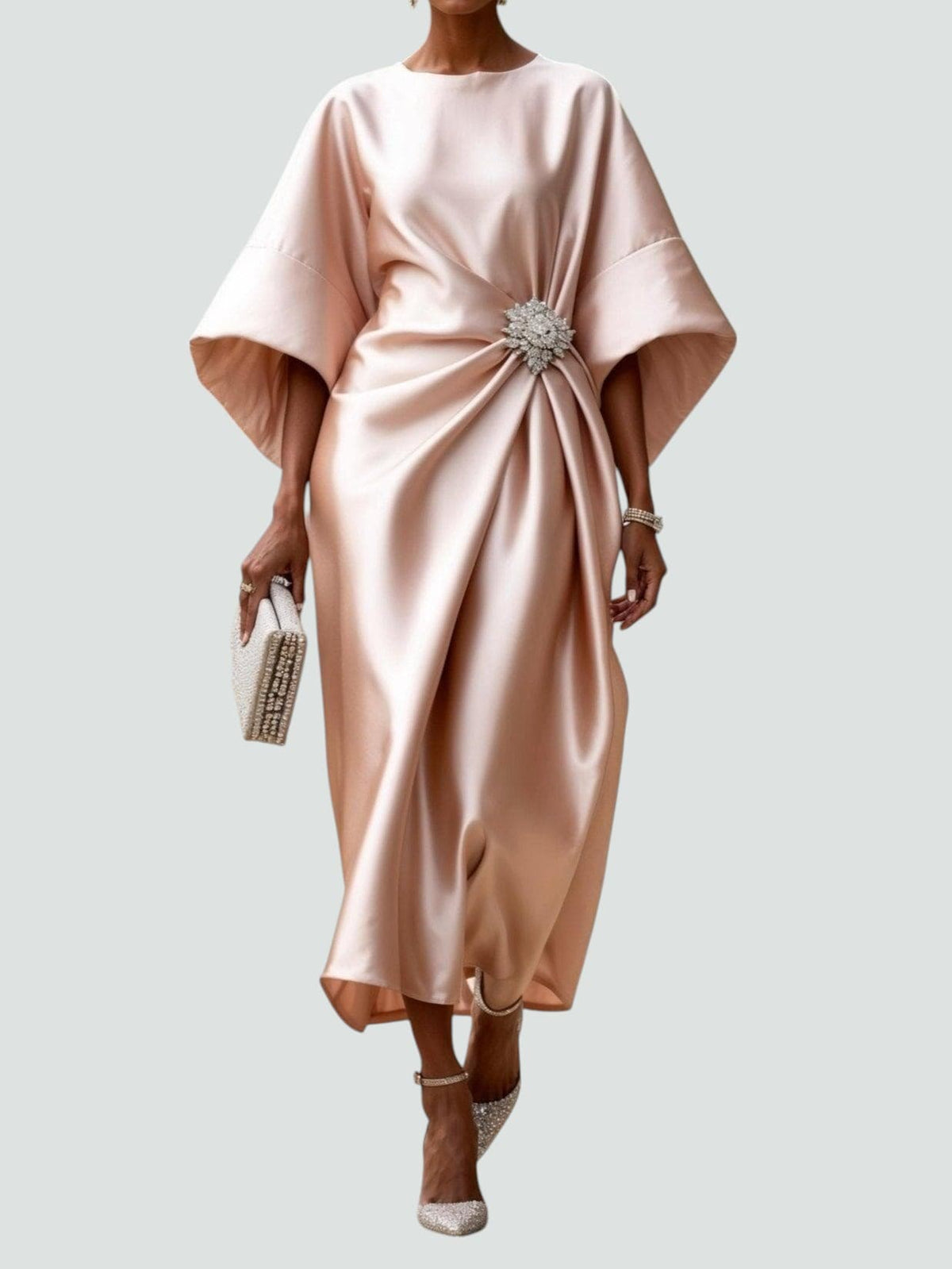 Draped Brooch Maxi Dress – Cape Sleeve Formal Evening Gown 5
