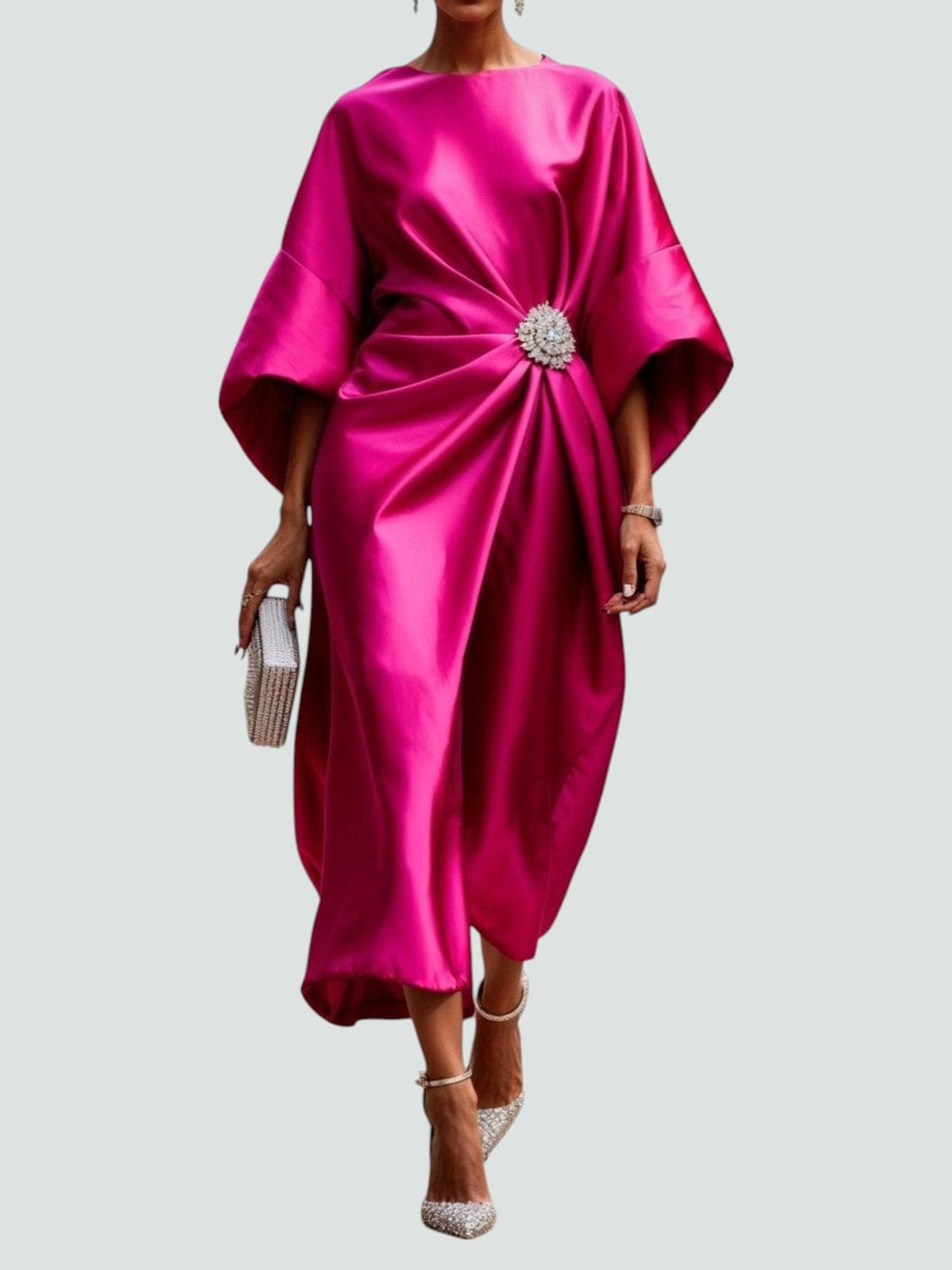 Draped Brooch Maxi Dress – Cape Sleeve Formal Evening Gown 4