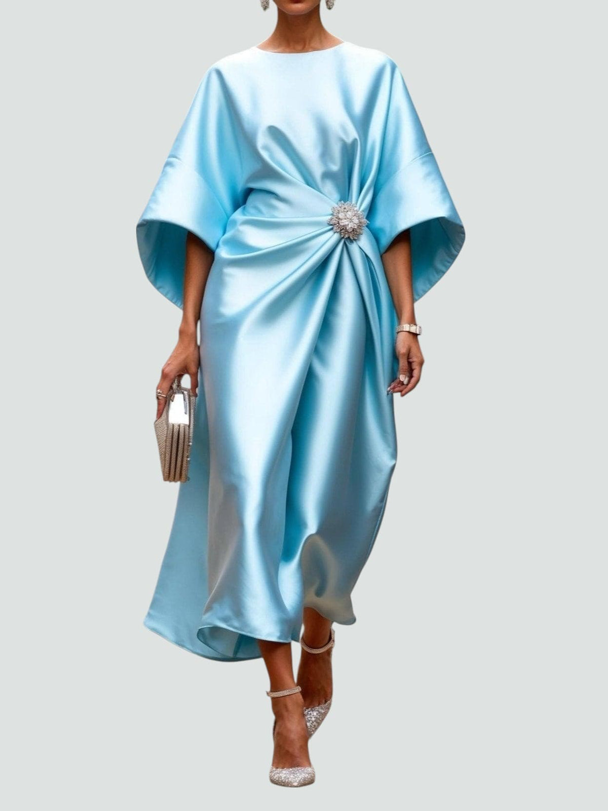 Draped Brooch Maxi Dress – Cape Sleeve Formal Evening Gown 3