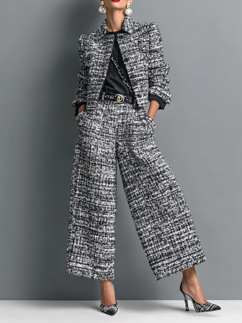 Tweed Cropped Jacket & Wide-Leg Pants Set for Women 1