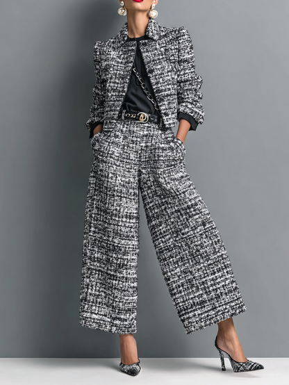 Tweed Cropped Jacket & Wide-Leg Pants Set for Women 1