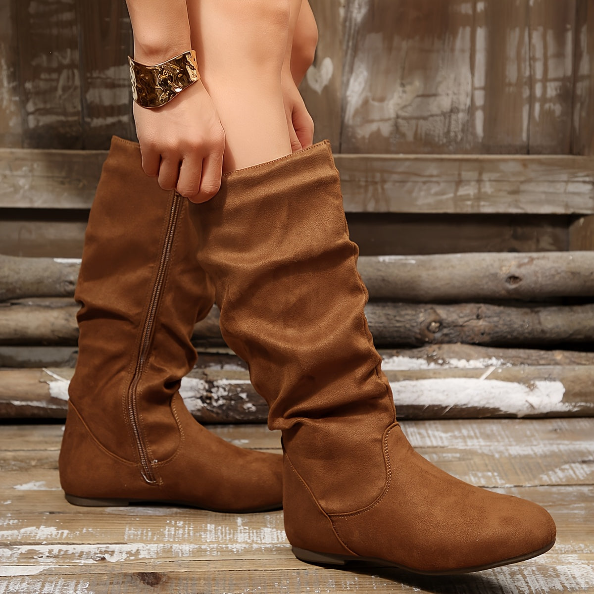 Slouched Mid-Calf Boots — Low Heel Side Zipper Women 9