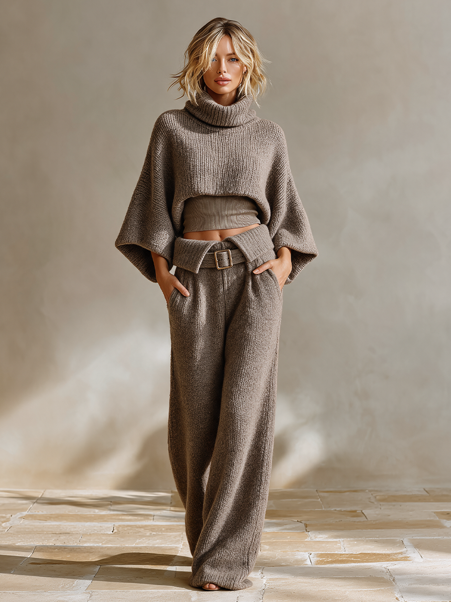 Women's Knit Two-Piece Set — Mock Neck & Wide-Leg Pants 4