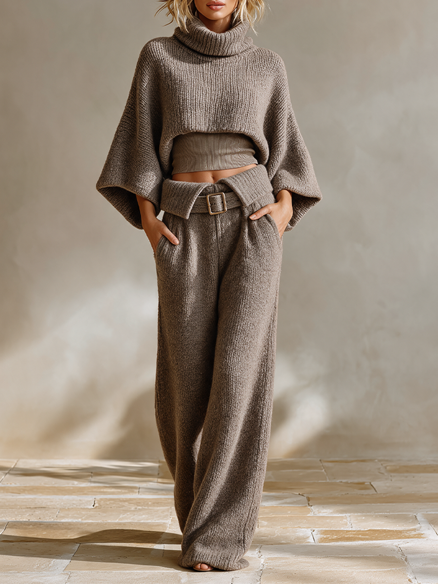 Women's Knit Two-Piece Set — Mock Neck & Wide-Leg Pants 1