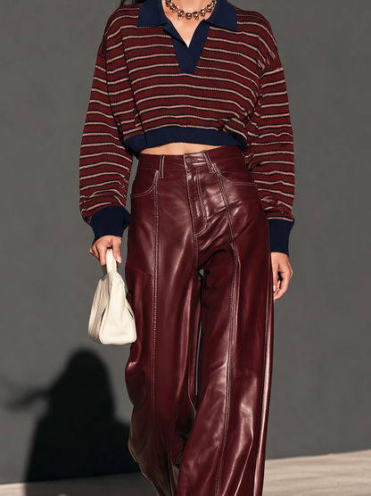 Women's Burgundy Leather Trousers — Sleek Regular Fit 4