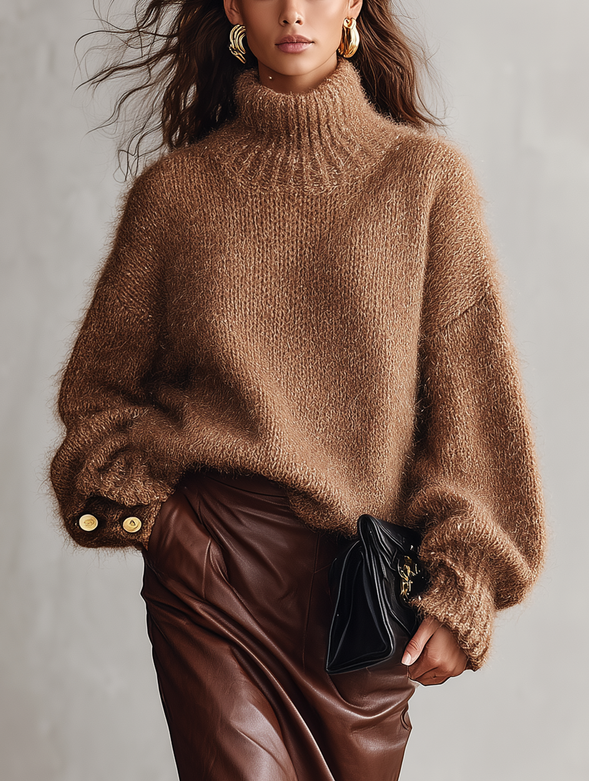 Women's Mohair Turtleneck Sweater — Camel Long Sleeve 1