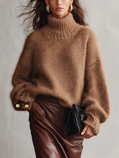 Women's Mohair Turtleneck Sweater — Camel Long Sleeve 1