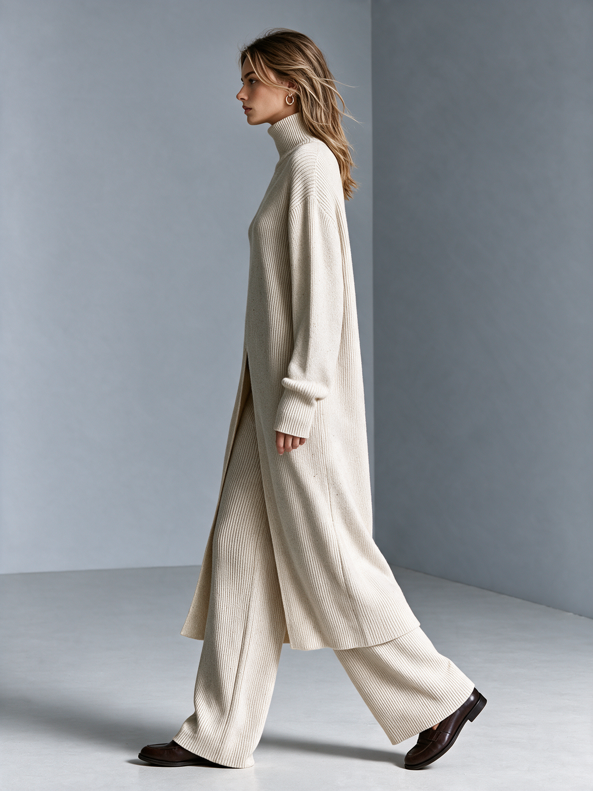 Women's Turtleneck Knit Cardigan & Wide-Leg Trouser Set 4