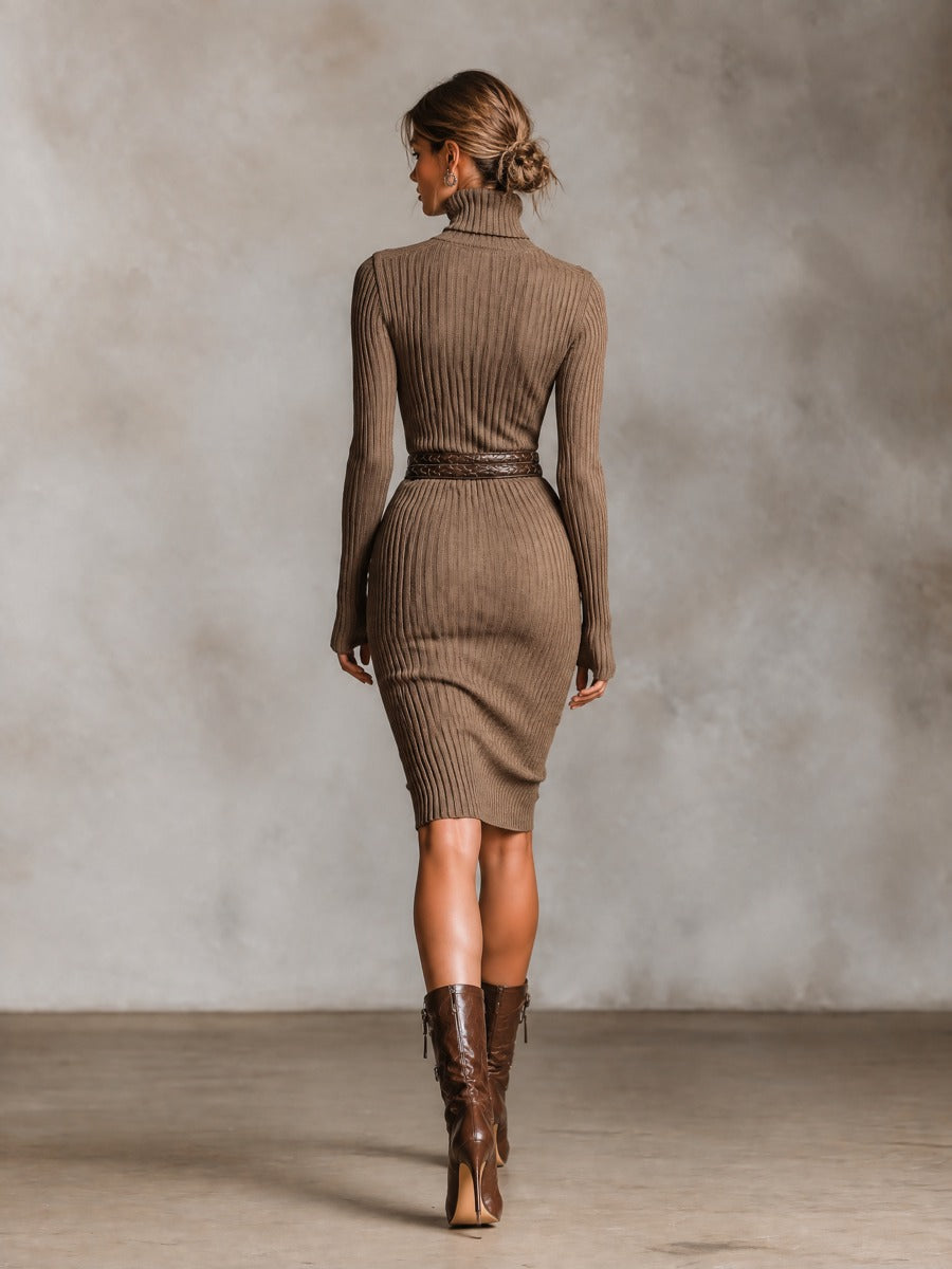 Cutout Shoulder Turtleneck Ribbed Knit Bodycon Midi Dress 4