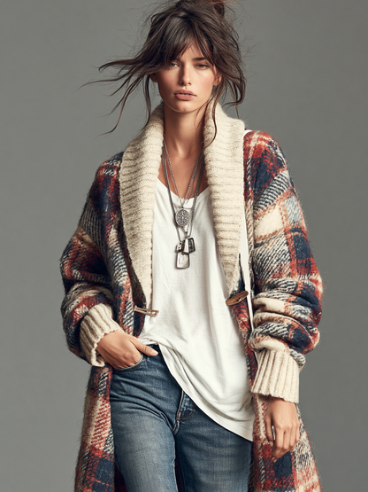 Vintage Plaid Jacquard Shawl-Collar Toggle Cardigan Women 5
