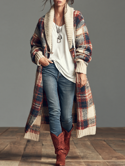 Vintage Plaid Jacquard Shawl-Collar Toggle Cardigan Women 1
