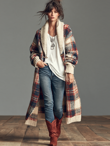 Vintage Plaid Jacquard Shawl-Collar Toggle Cardigan Women 7