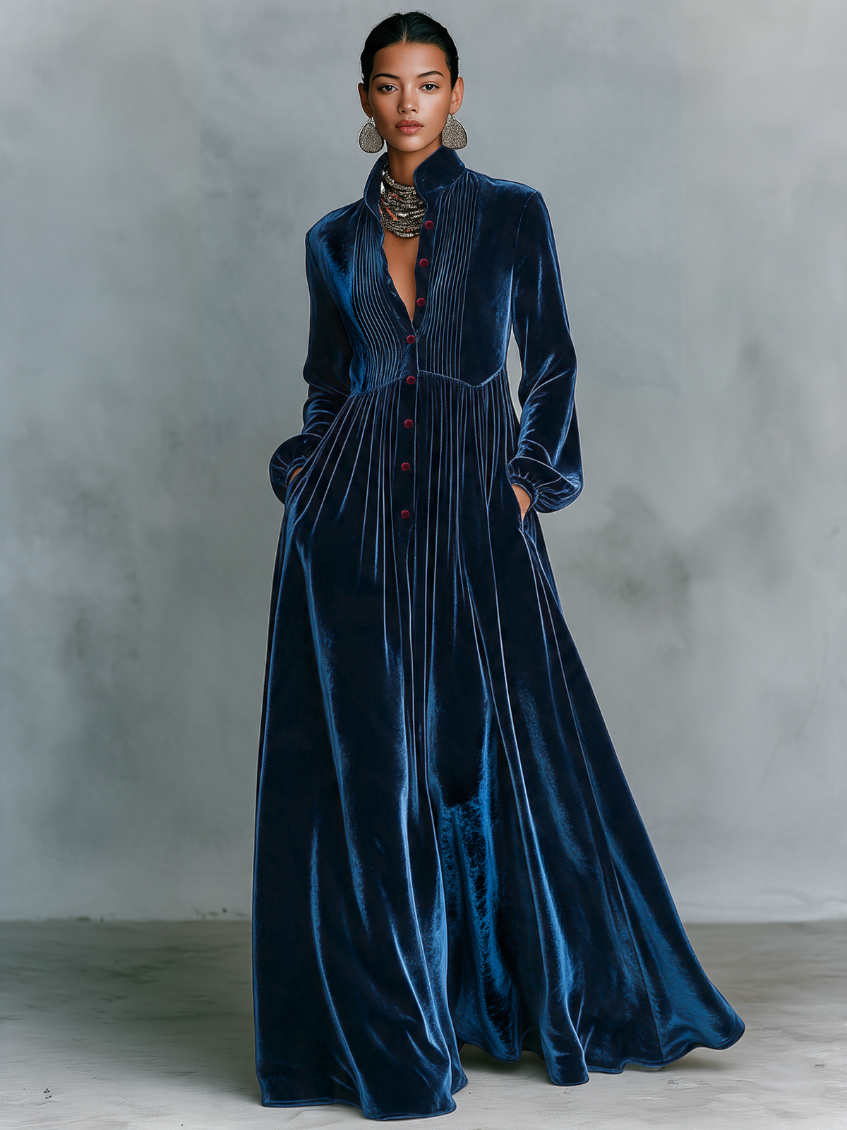 Vintage Velvet Maxi Dress — Button Front Floor-Length Gown 7