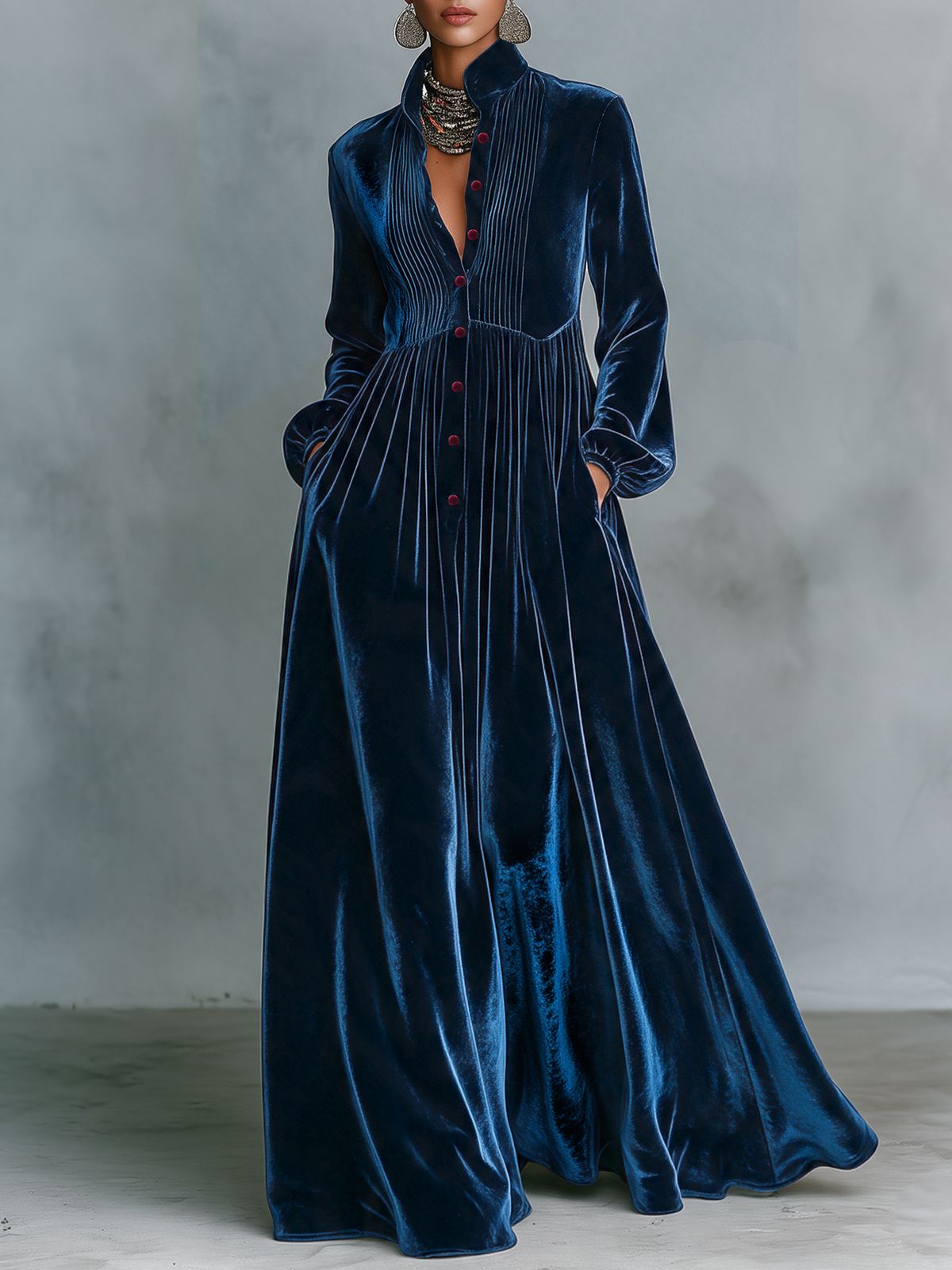 Vintage Velvet Maxi Dress — Button Front Floor-Length Gown 1