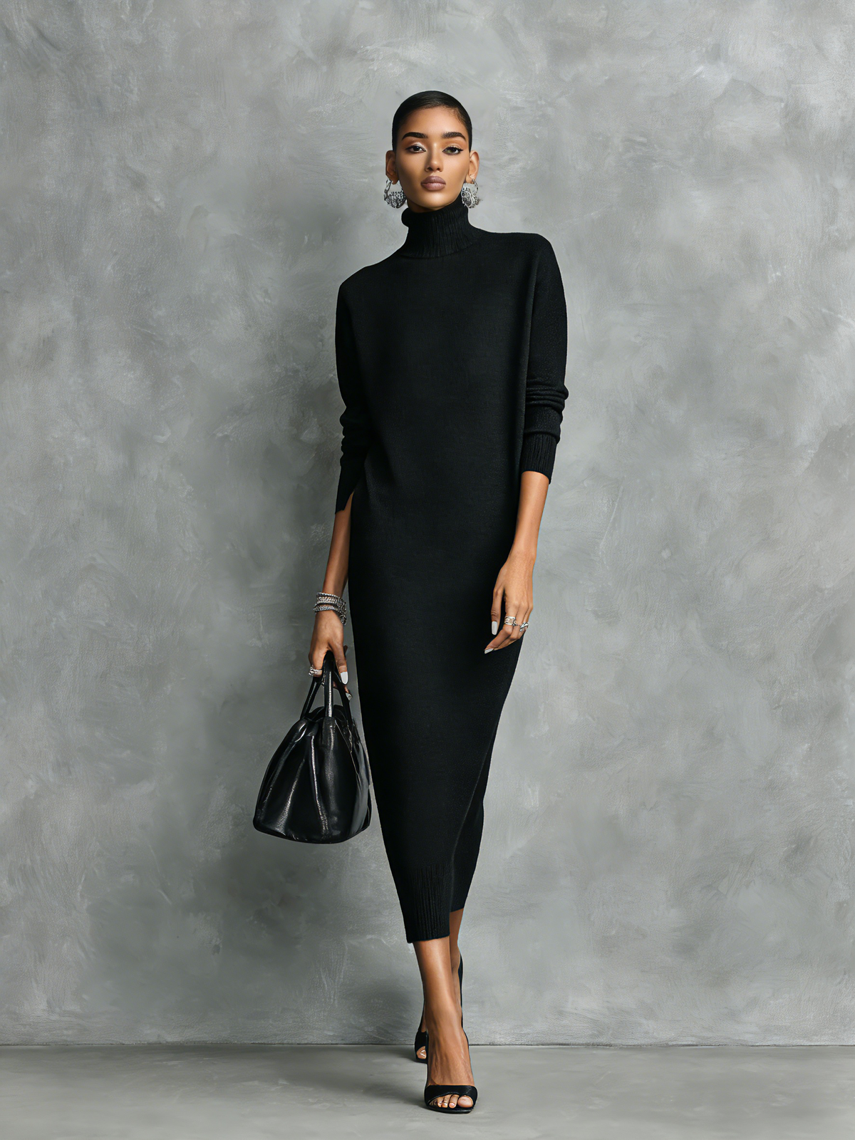Knitted Turtleneck Midi Dress — Long Sleeve Loose Fit 3