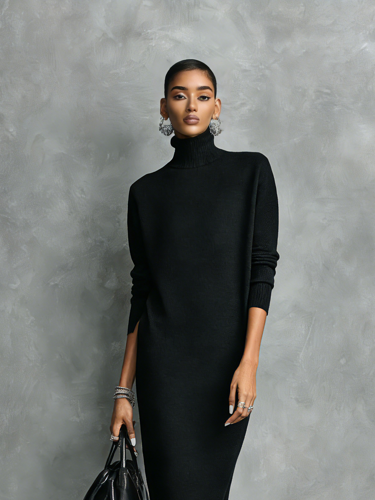 Knitted Turtleneck Midi Dress — Long Sleeve Loose Fit 8