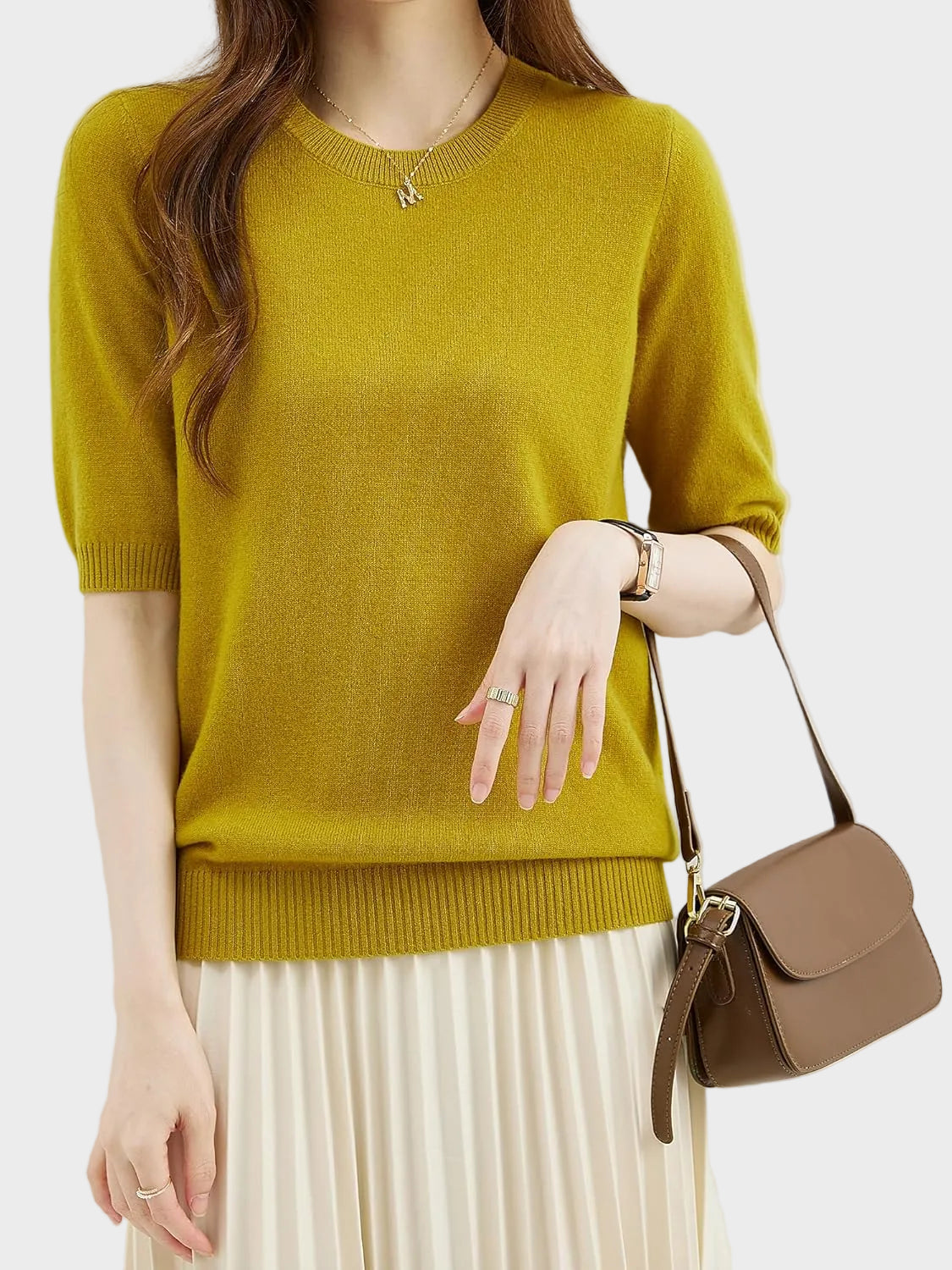 Merino Wool Crewneck Half Sleeve Sweater — Cashmere Soft 22