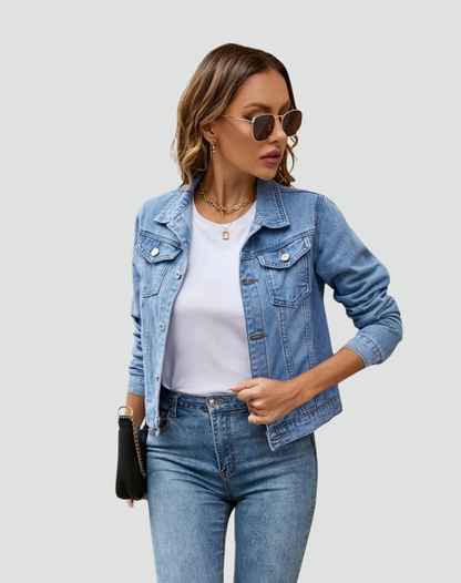Women's Fitted Denim Jacket — Button Closure & Pockets 11
