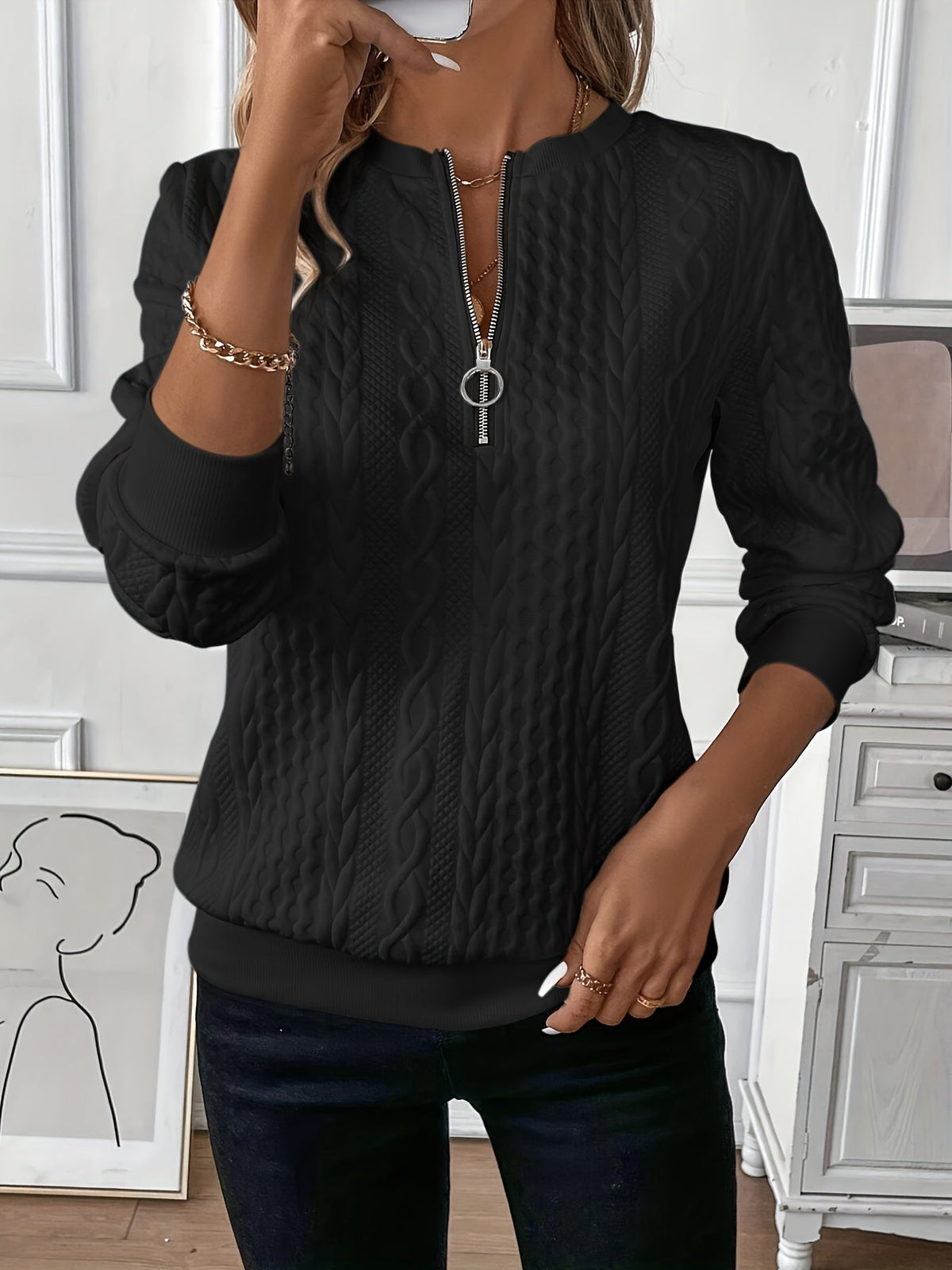 Cable Knit Quarter-Zip Sweater — Women's Relaxed Long Sleeve 6