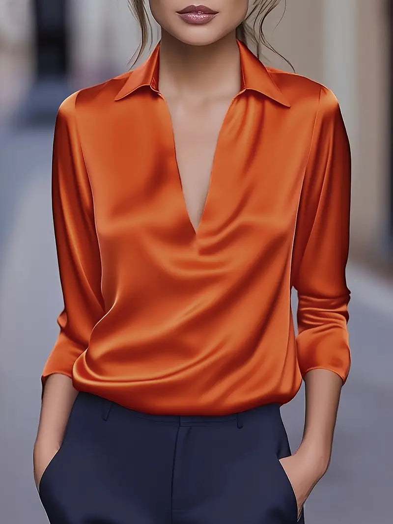 Satin V-Neck Draped Collar Blouse — Long Sleeve Elegance 9