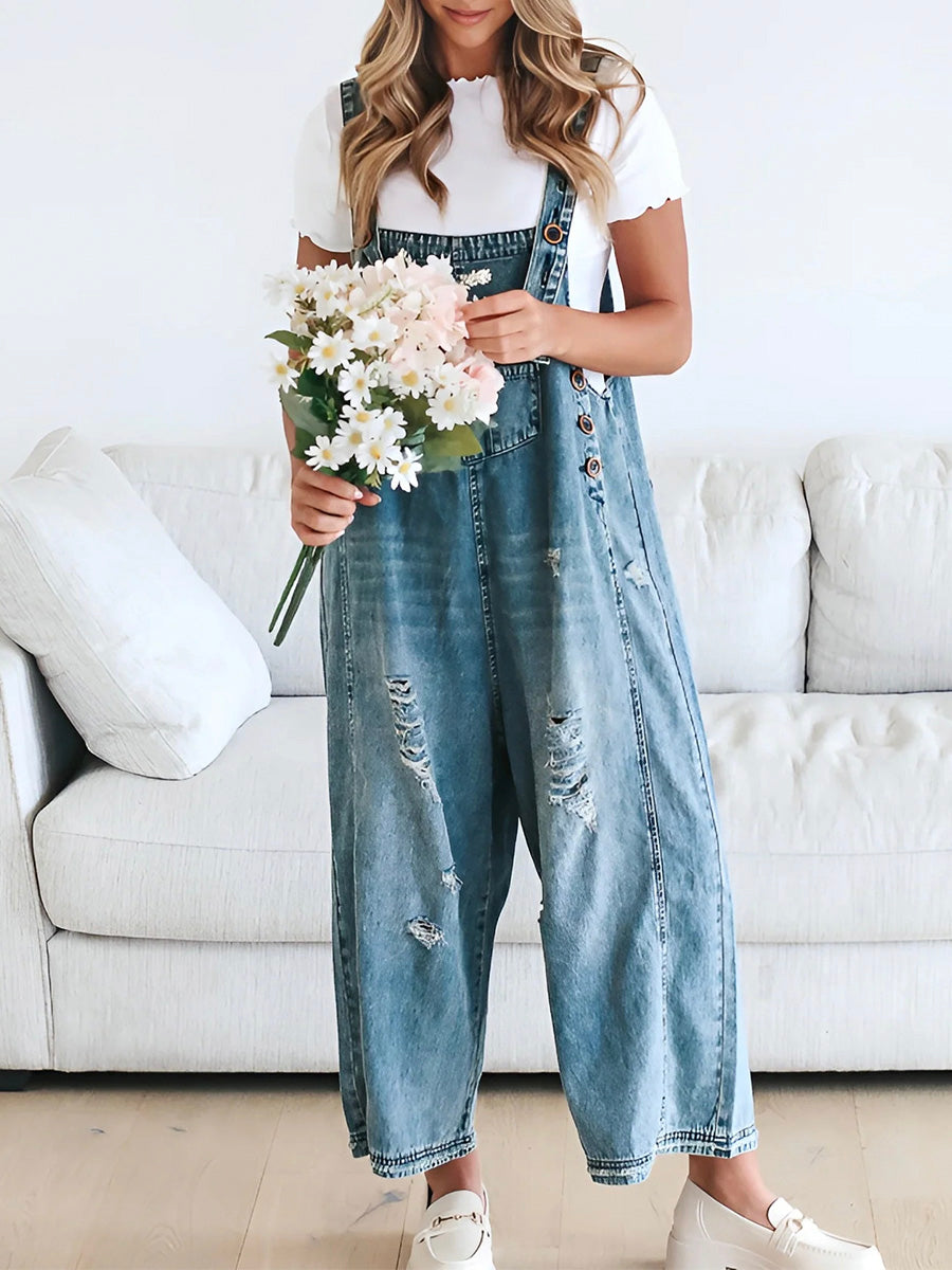 Distressed Denim Overalls — Wide Leg Relaxed Fit Women 3