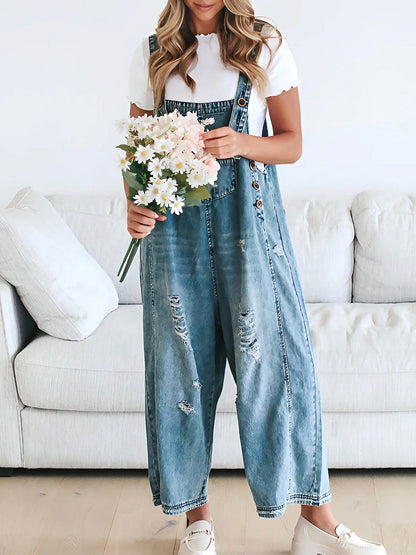 Distressed Denim Overalls — Wide Leg Relaxed Fit Women 3