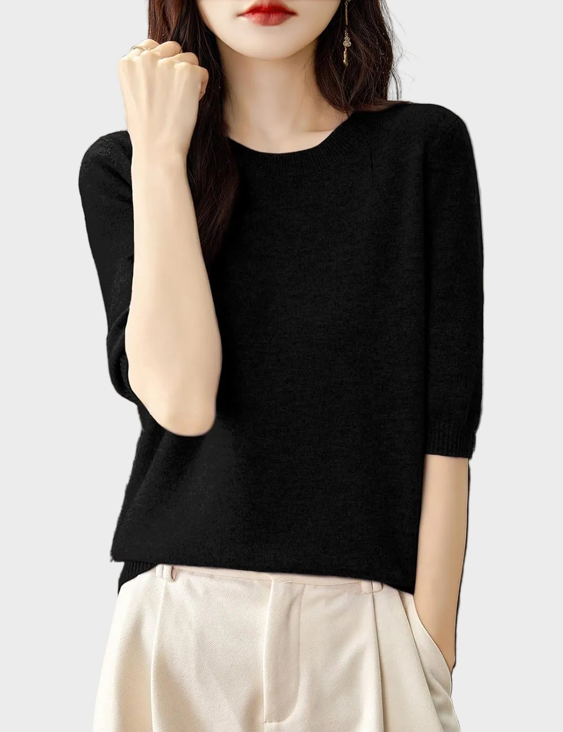 Merino Wool Crewneck Half Sleeve Sweater — Cashmere Soft 17