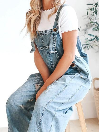 Distressed Denim Overalls — Wide Leg Relaxed Fit Women 4