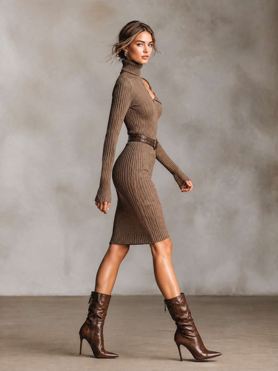 Cutout Shoulder Turtleneck Ribbed Knit Bodycon Midi Dress 6