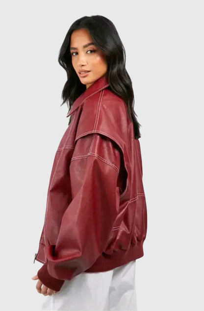 Faye™ Oversized Red Leather Jacket — Women's Statement Coat 5