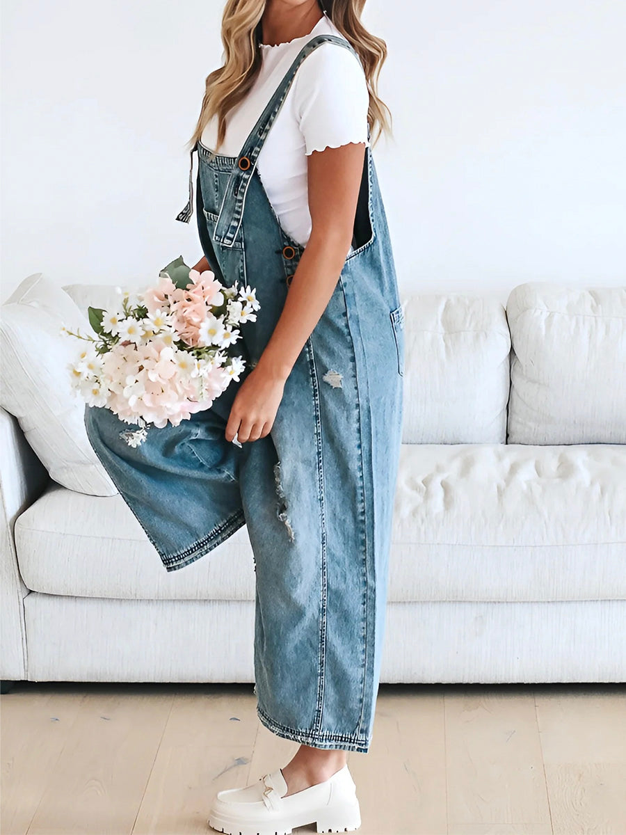 Distressed Denim Overalls — Wide Leg Relaxed Fit Women 5